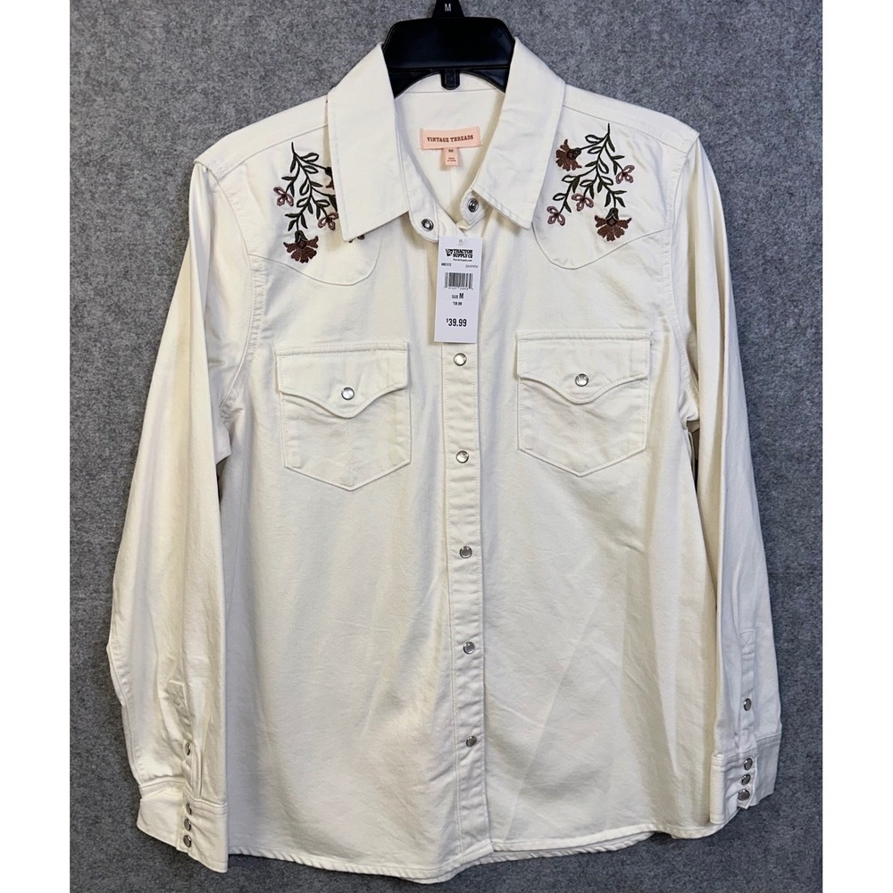 Vintage Threads Womens Cream Floral Embroidered Western Snap Front Shirt Medium